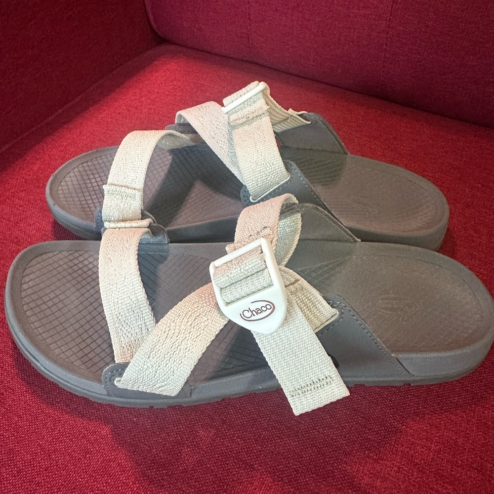 Chaco Lowdown Slide Sandals in Gray and Cream/White